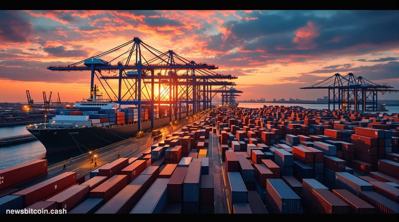 A cinematic photorealistic editorial photograph showing a massive container port at dawn, with cargo ships flying both Americ