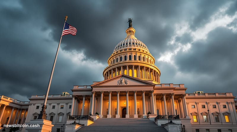 A cinematic photorealistic editorial photograph of the United States Capitol building's iconic dome and neoclassical facade s