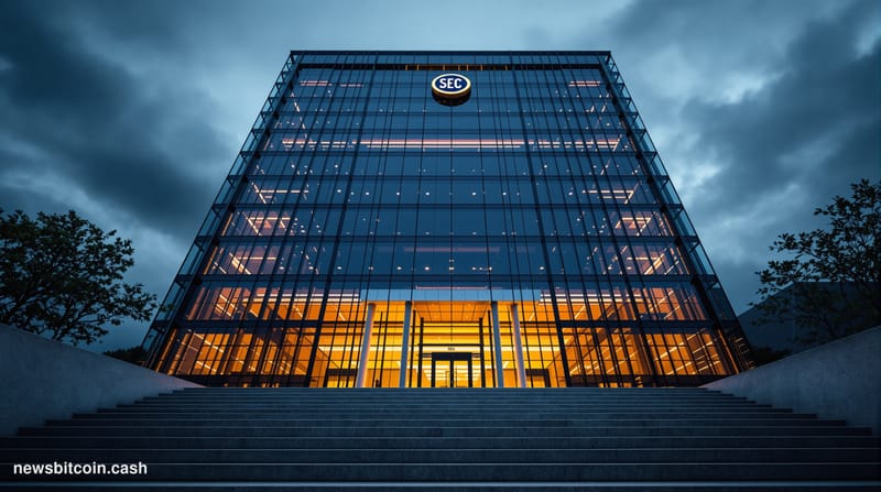 A cinematic photorealistic editorial photograph showing the imposing glass and steel facade of the Securities and Exchange Co