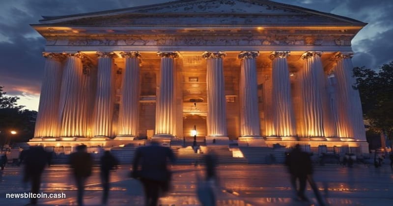 A cinematic photorealistic editorial photograph showing the imposing facade of the US Treasury Department building in Washing