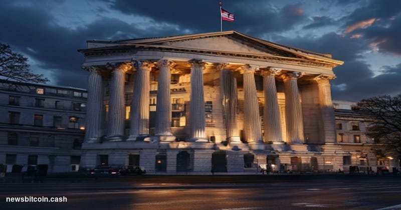 A cinematic photorealistic editorial photograph showing the imposing neoclassical facade of the US Treasury Building in Washi
