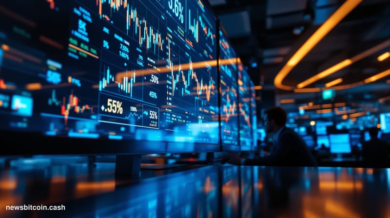 A cinematic photorealistic editorial photograph showing a modern institutional trading floor or financial services office env