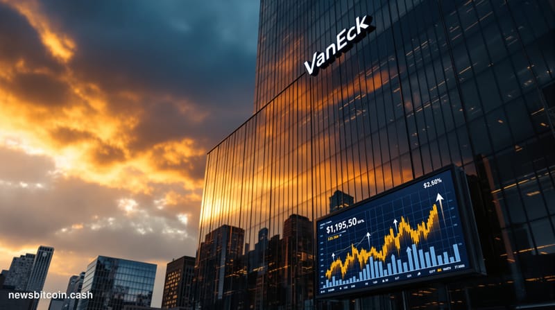 A cinematic photorealistic editorial photograph of VanEck's corporate headquarters building in New York City, shot from a low