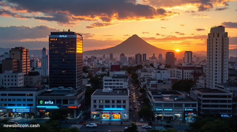 A cinematic photorealistic editorial photograph showing Venezuela's Caracas skyline at dusk with the iconic Avila mountain in