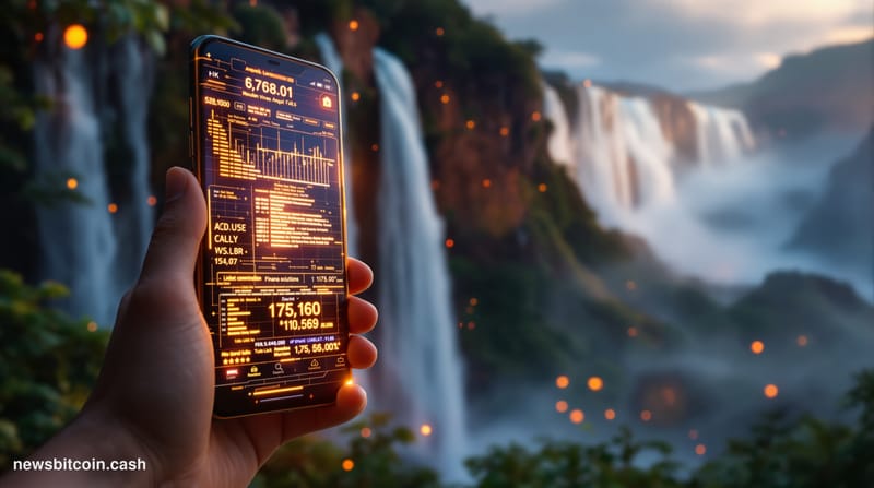 A cinematic photorealistic editorial photograph showing Venezuela's distinctive Angel Falls cascading dramatically in the bac