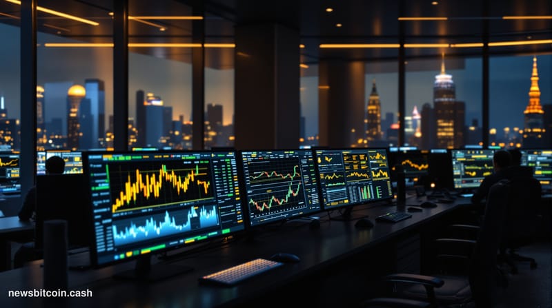 A cinematic photorealistic editorial photograph showing a modern cryptocurrency exchange office interior with multiple tradin