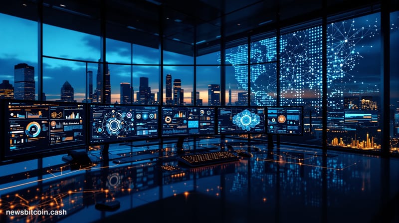 A cinematic photorealistic editorial photograph of a modern blockchain security operations center with multiple monitors disp