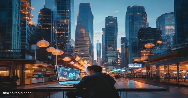 A cinematic photorealistic editorial photograph capturing Vietnam's financial district in Ho Chi Minh City at dusk, with the 