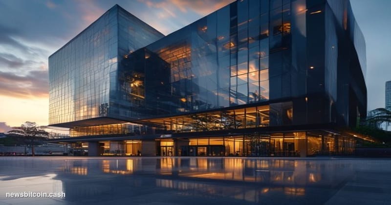 A cinematic photorealistic editorial photograph showing the imposing modern headquarters of Vietnam's Ministry of Finance in 