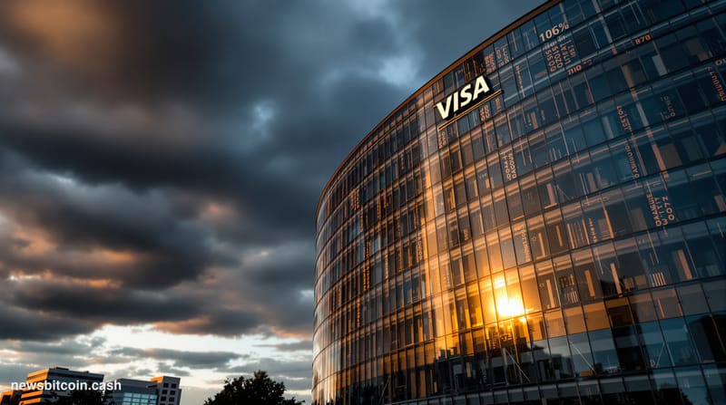 A cinematic photorealistic editorial photograph of Visa's distinctive headquarters in Foster City, California, captured durin