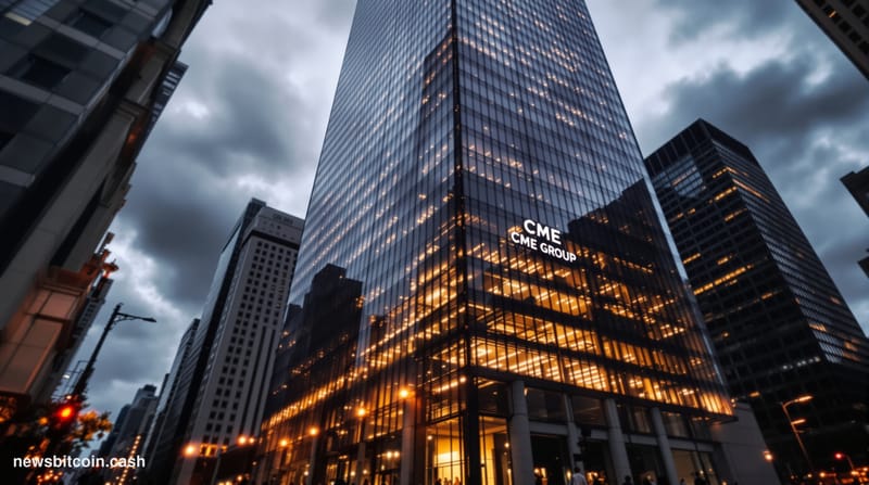 A dramatic cinematic photograph of the imposing CME Group headquarters building in Chicago's financial district, shot from a 