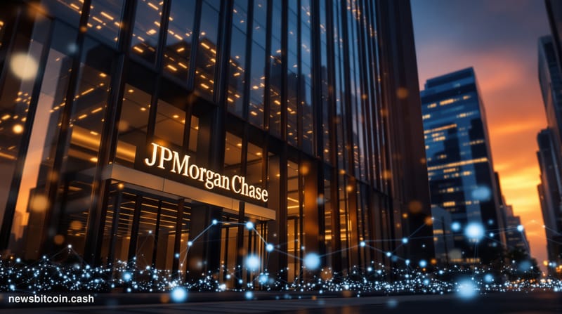 A cinematic photorealistic editorial photograph showing JPMorgan Chase's iconic headquarters at 383 Madison Avenue in Manhatt