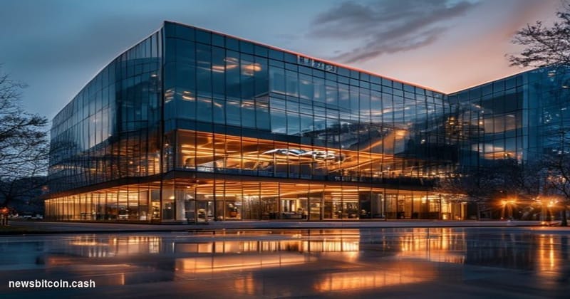 A cinematic photorealistic editorial photograph showing MicroStrategy's corporate headquarters in Tysons Corner, Virginia, ca