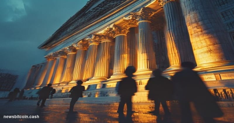 A cinematic photorealistic editorial photograph showing the imposing neoclassical facade of a federal government building in 