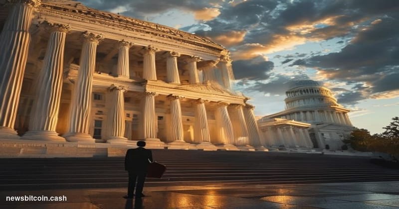 A cinematic photorealistic editorial photograph of the United States Capitol building's imposing neoclassical facade during g