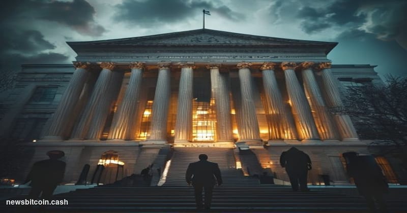 A cinematic photorealistic editorial photograph showing the imposing neoclassical facade of a Federal Reserve building or ban