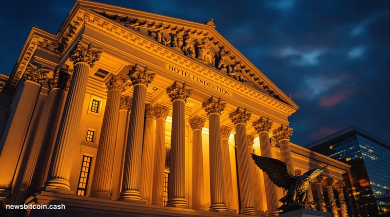 A cinematic photorealistic editorial photograph of the Federal Reserve building in Washington D.C. at dusk, shot from a low a