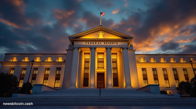 A cinematic photorealistic editorial photograph of the imposing Federal Reserve building in Washington DC at golden hour, sho