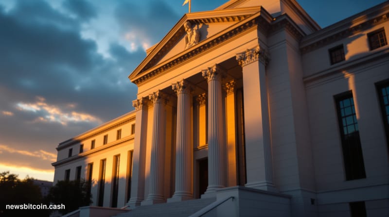 A cinematic photorealistic editorial photograph of the Federal Reserve building's iconic neoclassical facade in Washington D.