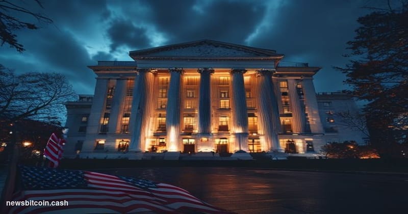Cinematic photorealistic editorial photograph of the Federal Reserve headquarters building (Marriner S. Eccles Federal Reserv