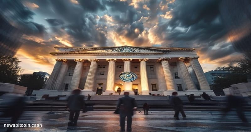 A cinematic photorealistic editorial photograph of the Federal Reserve building in Washington D.C. during golden hour, shot f