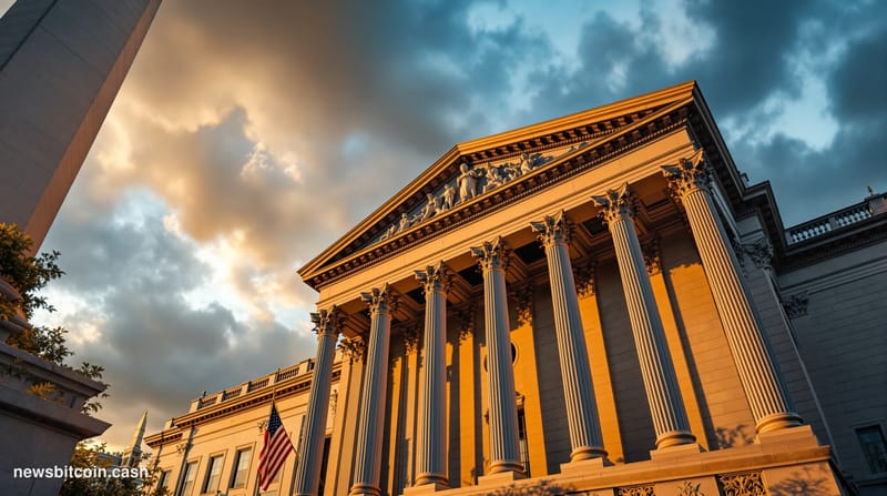 A cinematic photorealistic editorial photograph capturing the imposing neoclassical facade of the Federal Reserve Building in