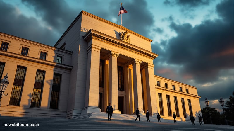 A cinematic photorealistic editorial photograph of the Federal Reserve Building in Washington D.C., shot during golden hour w