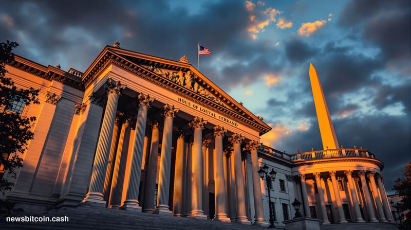 A cinematic photorealistic editorial photograph of the imposing Federal Reserve Building in Washington D.C., shot during the 