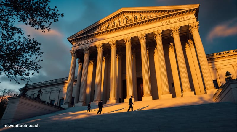 A cinematic photorealistic editorial photograph of the imposing Federal Reserve building in Washington D.C., specifically the