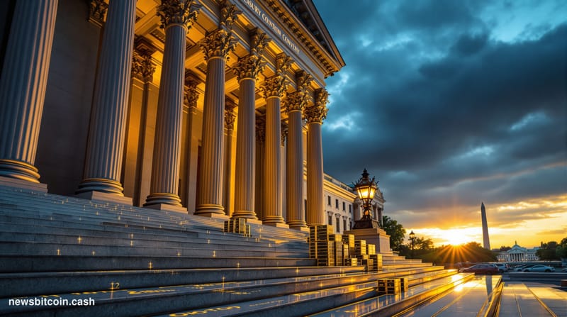 A cinematic photorealistic editorial photograph showing the imposing neoclassical facade of a major US government building (T