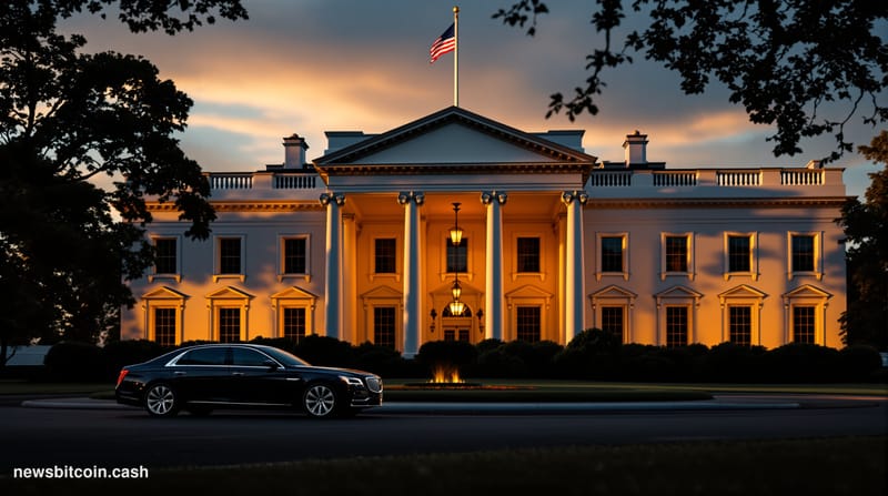 Cinematic photorealistic editorial photograph of the White House's West Wing exterior at golden hour, shot from the South Law