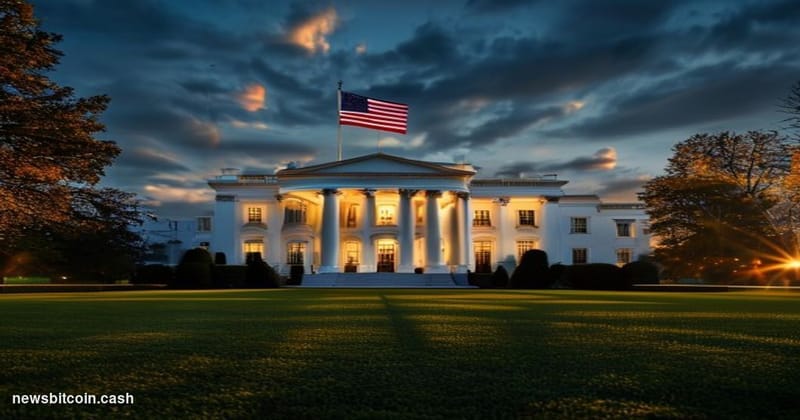 A cinematic photorealistic editorial photograph of the White House South Lawn at dusk, captured from a low angle with dramati