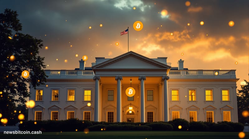 A cinematic photorealistic editorial photograph of the White House's West Wing at golden hour, shot from the South Lawn with 