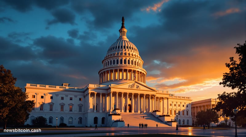 A cinematic photorealistic editorial photograph of the United States Capitol building's iconic dome and Senate wing at golden
