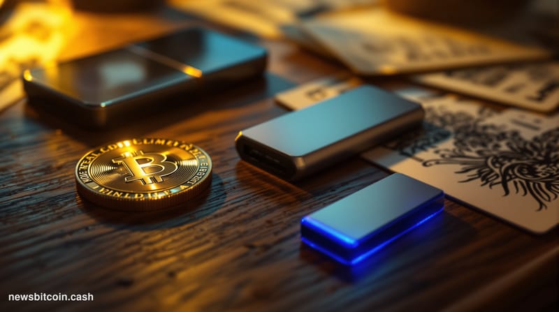 A cinematic photorealistic editorial photograph showcasing the evolution of physical Bitcoin, shot from a slightly elevated a