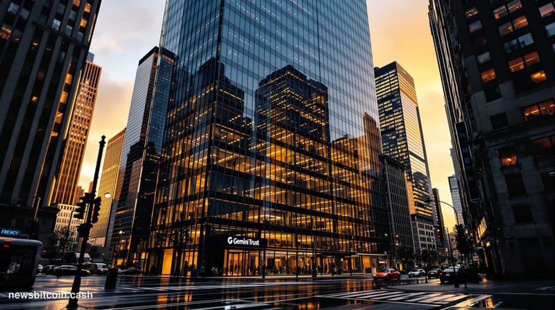 A cinematic photorealistic editorial photograph of the Gemini Trust headquarters building in New York City, captured during g