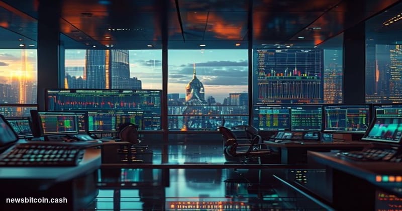 A cinematic photorealistic editorial photograph capturing the intersection of traditional finance and prediction markets. The