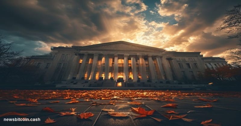 A cinematic photorealistic editorial photograph of the SEC headquarters building in Washington D.C., shot from a low angle du
