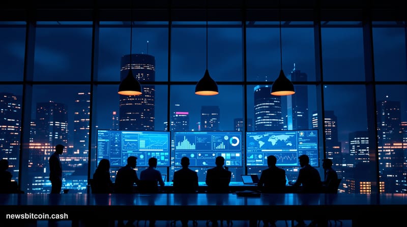 A cinematic photorealistic editorial photograph of a modern financial institution's crisis management center during a late-ni