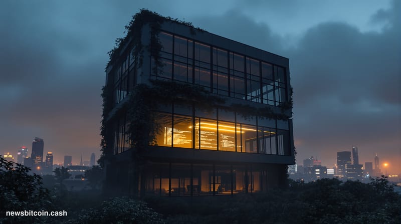 A cinematic photorealistic editorial photograph showing an abandoned modern tech office building at dusk, with darkened windo