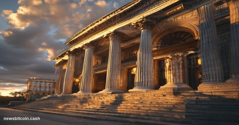 A cinematic photorealistic editorial photograph of the iconic neoclassical facade of the Securities and Exchange Commission h