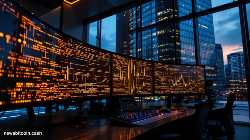 A cinematic photorealistic editorial photograph showing a high-tech security operations center with multiple curved monitors 