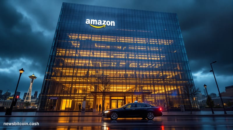 A cinematic photorealistic editorial photograph showing the imposing glass facade of Amazon's headquarters in Seattle's South