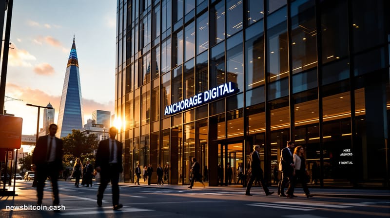 A cinematic photorealistic editorial photograph showing Anchorage Digital's corporate headquarters building in San Francisco'