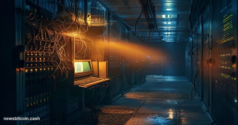 A cinematic photorealistic editorial photograph showing an old, weathered computer server room or data center from the late 2