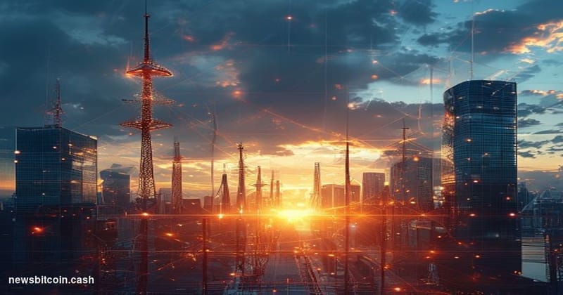 A cinematic photorealistic editorial photograph capturing the convergence of telecommunications and crypto infrastructure. Th