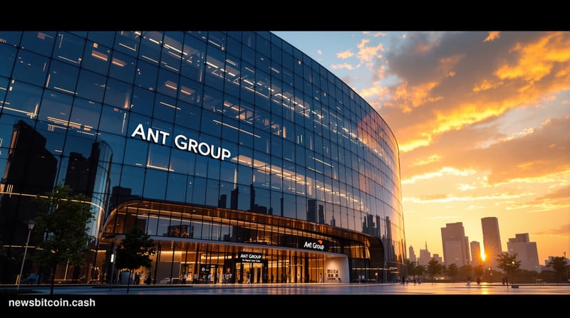 A cinematic photorealistic editorial photograph of Ant Group's distinctive headquarters building in Hangzhou, China, shot fro
