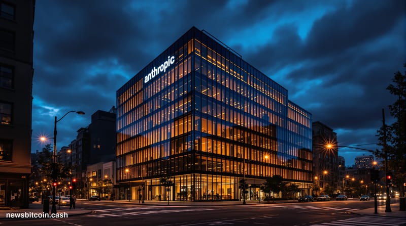 A cinematic photorealistic editorial photograph showing Anthropic's headquarters building in San Francisco's SOMA district du
