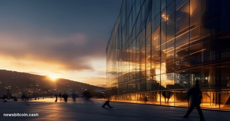 A cinematic photorealistic editorial photograph of Anthropic's San Francisco headquarters building exterior during golden hou