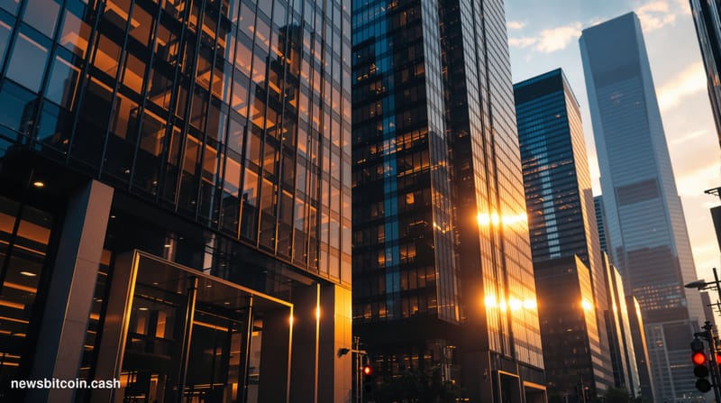 A cinematic photorealistic editorial photograph showing the imposing glass facades of major Wall Street financial institution